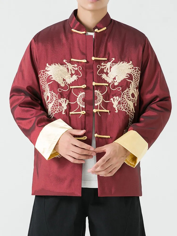 

Утепленная красная хлопковая куртка для мужчин, зимняя верхняя одежда, вышитая традиционная китайская одежда для отцов, теплая фланелевая