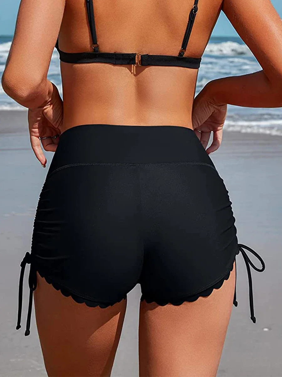 Women Swim Shorts High Waist Drawstring Wavy Hem Solid Summer Bathing Surfing Bottoms