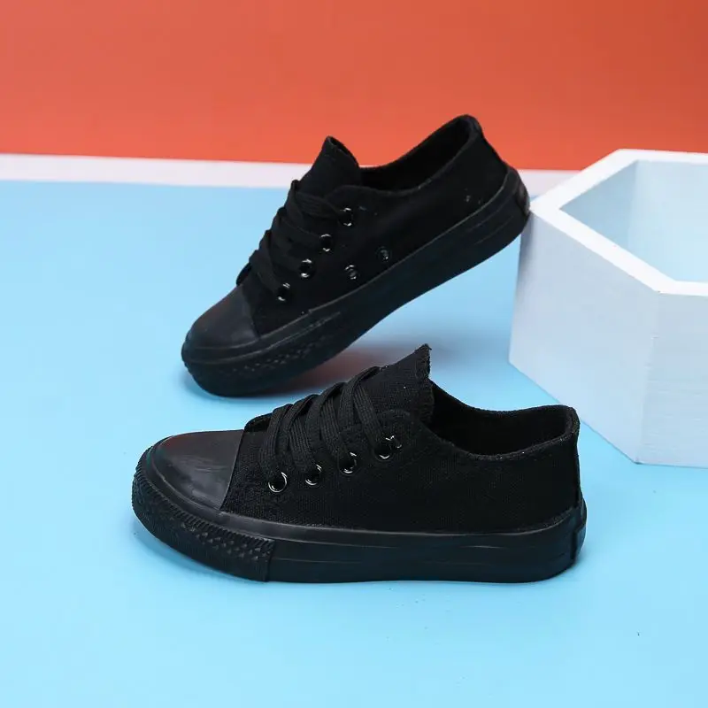 Canvas Shoes All Black Parent-child Casual Low Top Lace-up for Boys Girls Students Kids