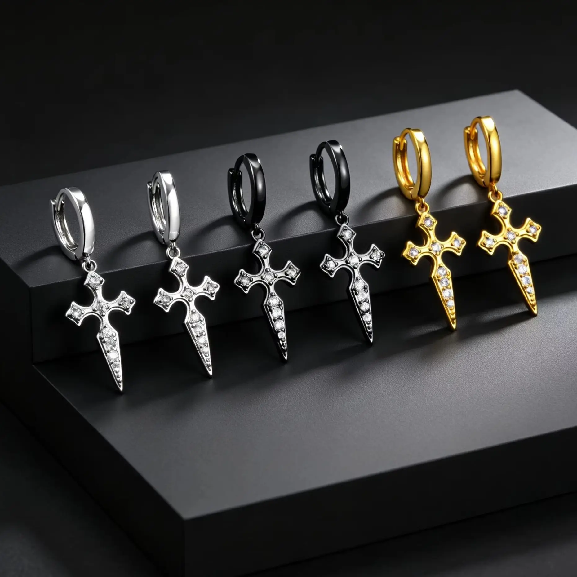 Punk Zircon Cross Earrings for Men, Hypoallergenic Cross Sword Charm Earrings, Fashion Gothic Piercing Jewelry
