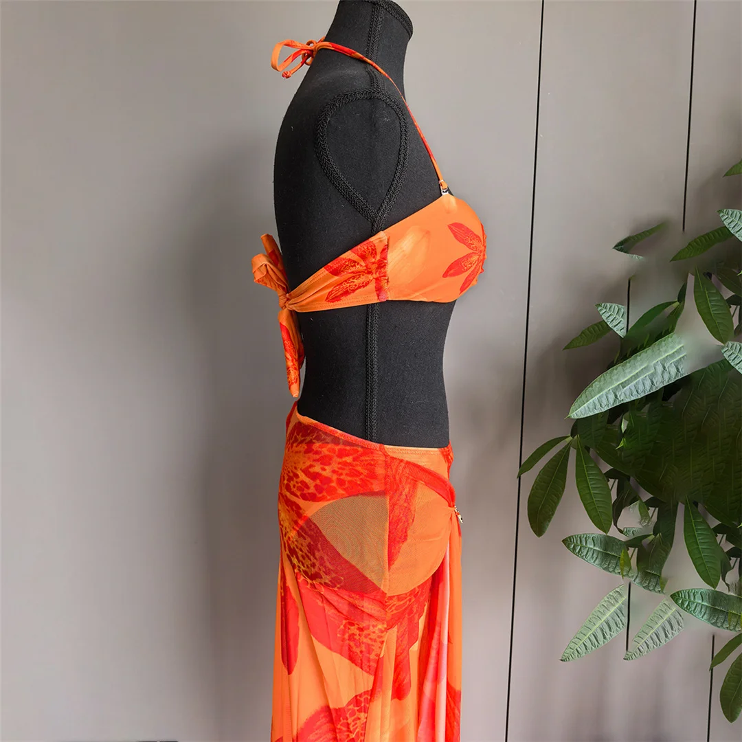 Neu mit Rock, Metallblumenmuster, Bikini, Damen-Badeanzug, dreiteiliges Bikini-Set, Badebekleidung, Badeanzug, Schwimmbekleidung V7285 – Detail 6