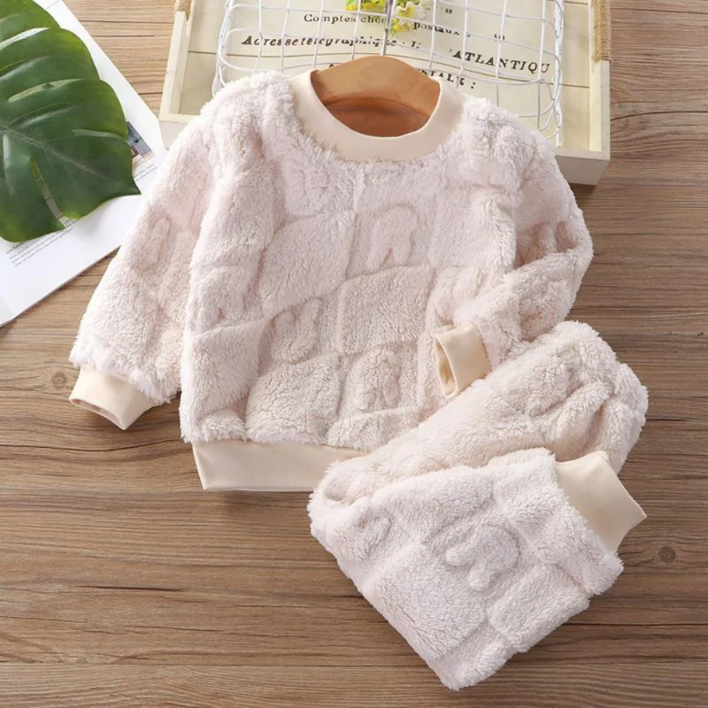 2Pcs Autumn Winter Children Pajamas Sets Boys Girls Warm Plush Long Sleeve Thickened Tops+Pants Kids Home Clothing Suits