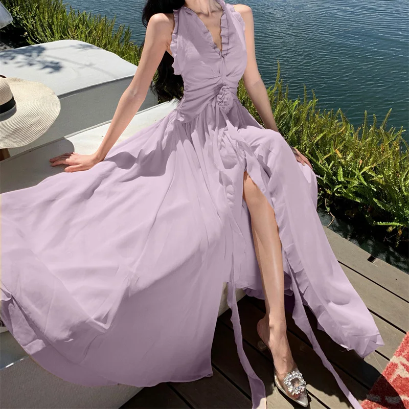 Vestido bohemio de fiesta de vacaciones para mujer, vestido largo de playa con volantes y escote en V profundo, cintura alta, liso, Sexy, sin espalda