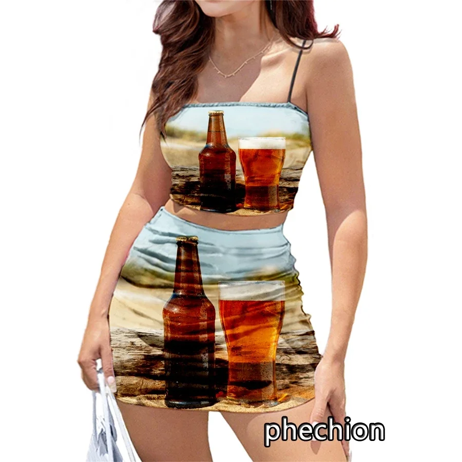 

phechion New Fashion Beer 3D Print Dress Sets Women Sexy Sling Tube Tops and Short Dress 2pcs Skirt Suits M08