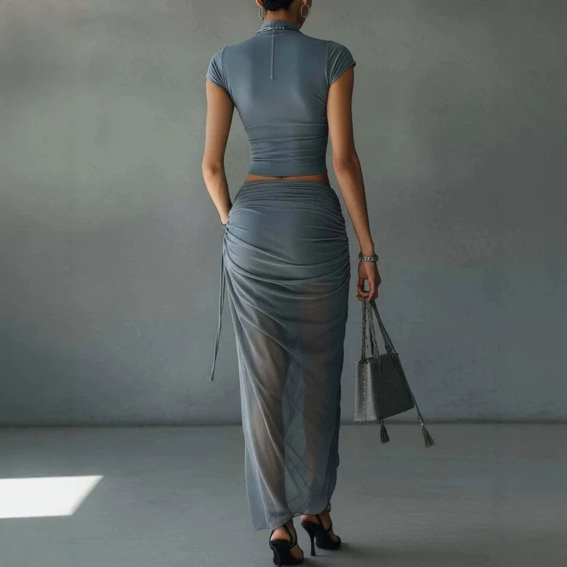 2026 New Collection: A Two-piece Set Featuring A Fixed Top With A Small Stand-up Necklace And A Chiffon. Skirt Maxi Party Midi