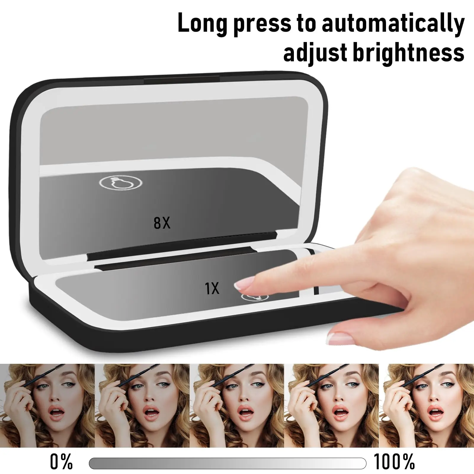 Reis Make-Up Spiegel Met Led Verlichting Zakspiegel Dubbelzijdig Dimbaar Usb Oplaadbare Touchscreen Draagbaar