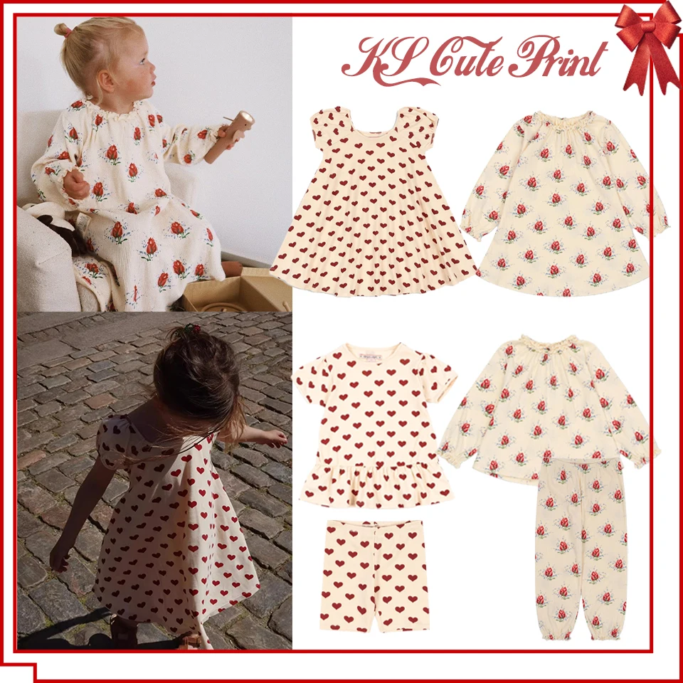 

2025 KS Kids Clothes Set Girl Floral Dress Girls Full Heart Print Cloth Cute T-shirt Shorts Tops Children Homewear Holiday Suit