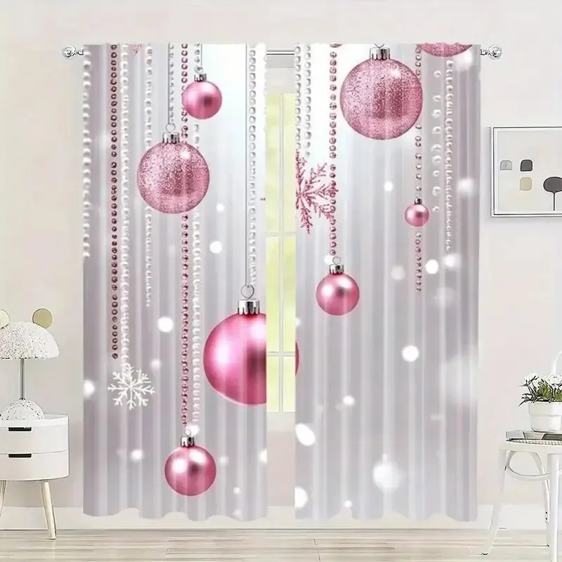 2PCS Digital Print Curtain, Pink Christmas Ornament Balls with Pearl Garlands and Snowflakes on White, for Window Home Decor