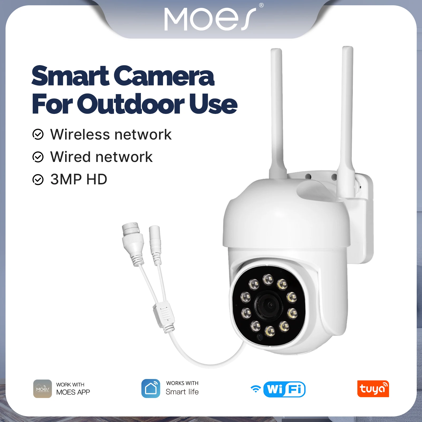 Moes tuya wifi 3mp câmera de segurança inteligente suporte sem fio & com fio rede rj45 ip65 à prova dip65 água rastreamento movimento cor cheia noite