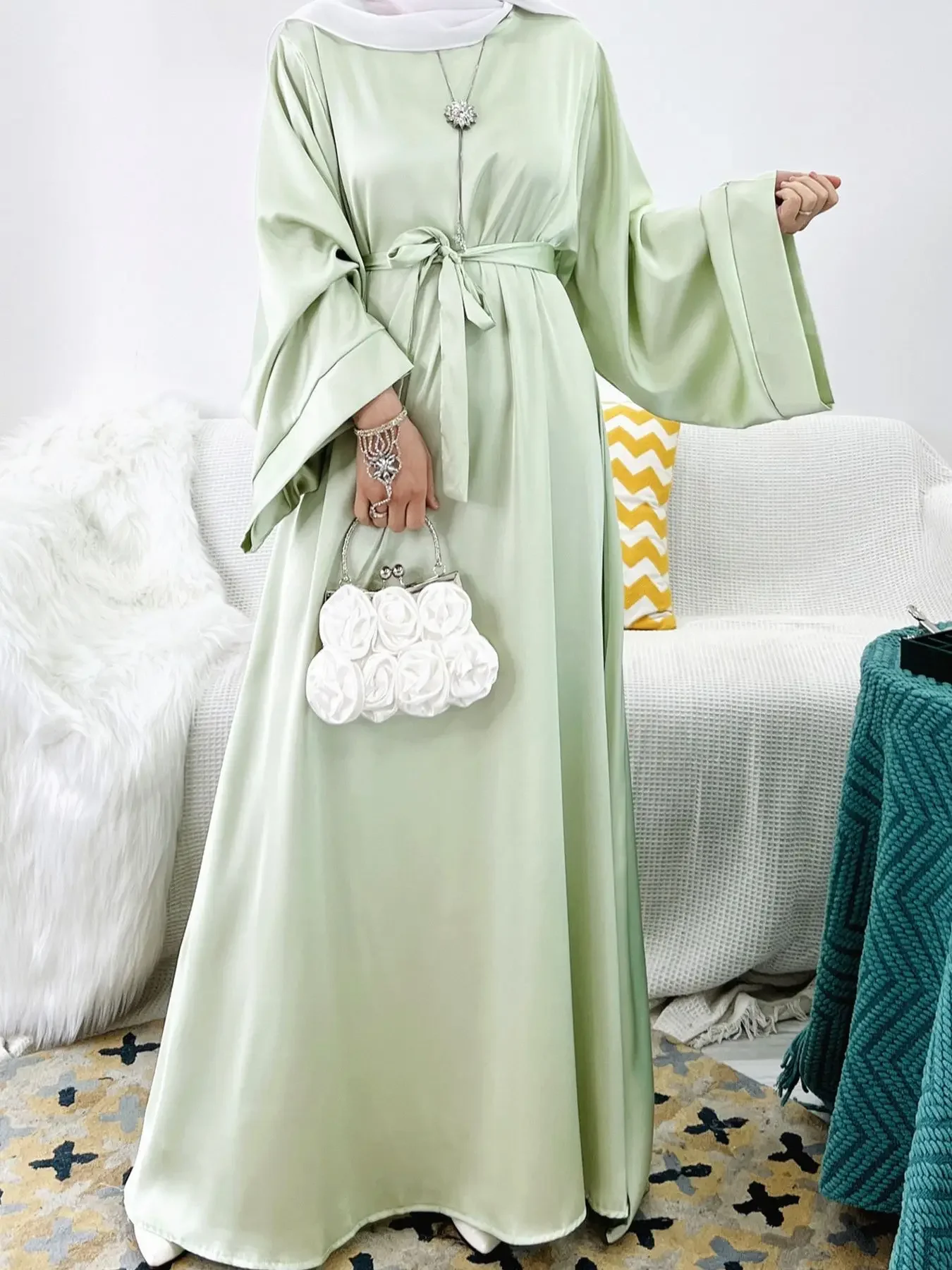 Eid Satin Kleid Frauen Vintage Muslimischen Lange Robe Spitze-up Elegante Fleck Maxi Vestidos Casual Lose Dubai Weibliche Marokko kaftan 2025