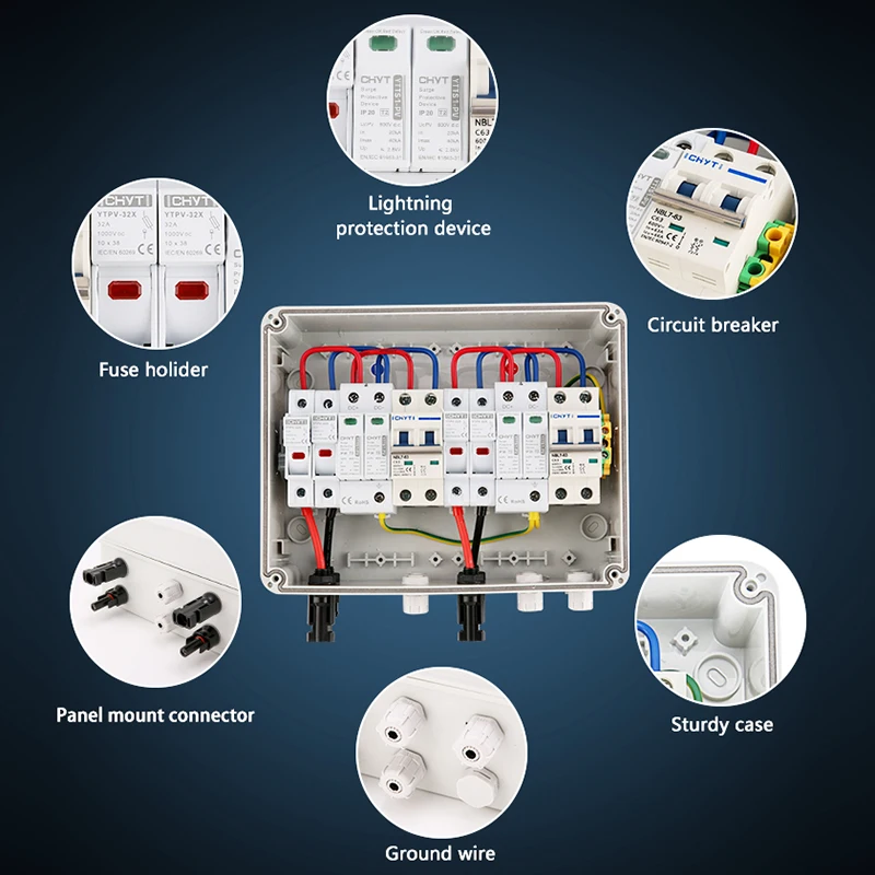 XIONGISolar photovoltaic PV Combiner Box With Lightning Protection 2 input 2 out DC 600V MCB SPD 1000VFuse Waterproof Box IP65