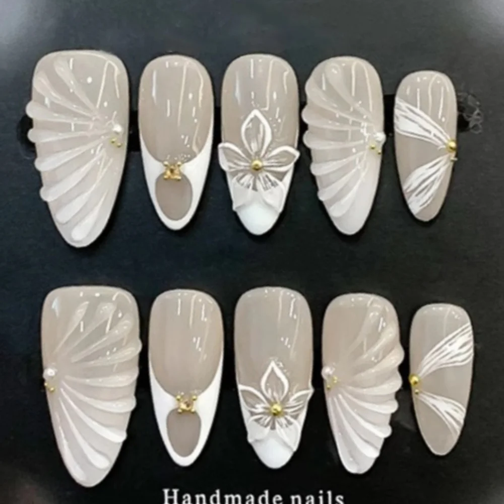 10 pezzi rosa sfumato di media lunghezza mandorla unghie finte fiore estivo strass design unghie fatte a mano punta riutilizzabile stampa sulle unghie finte