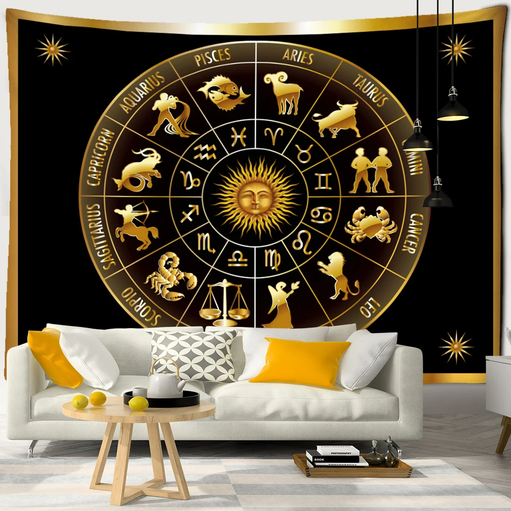 Golden Sun Star Symbol Magic Array Tapestry Wall Hanging Bohemian  Fractal Faces Boho Mandala Mystic