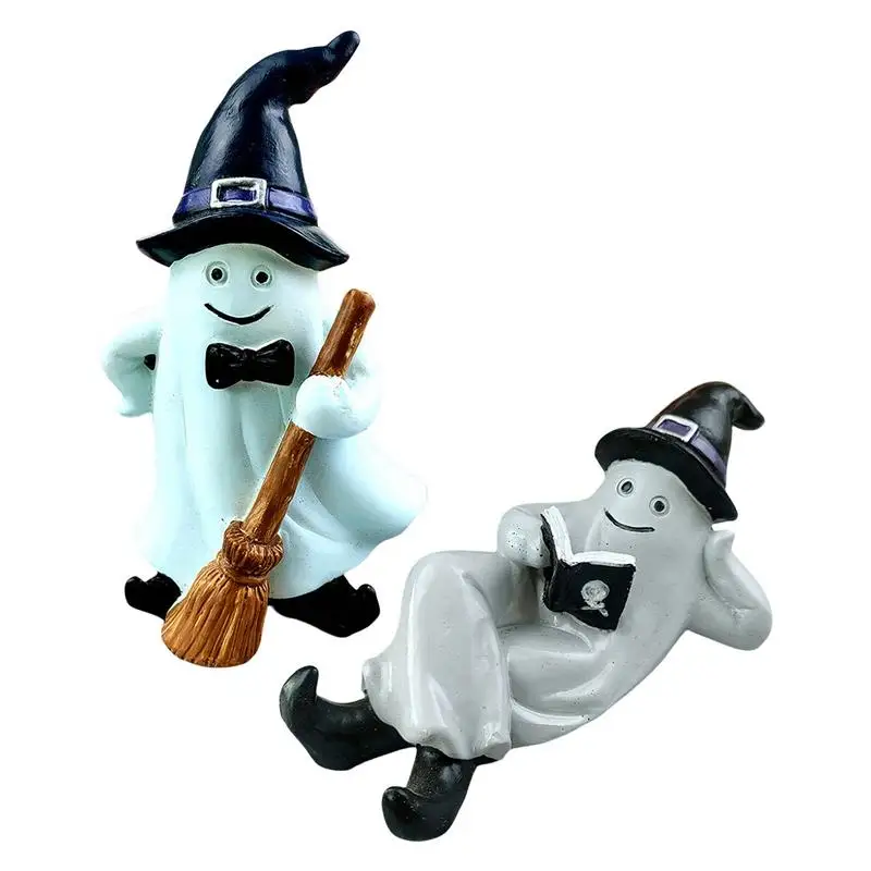 Halloween Sculpture Cute Cartoon Resin Home Decoration Reading Ghost Witch And Sweeping Ghost Figurine for Home And Office