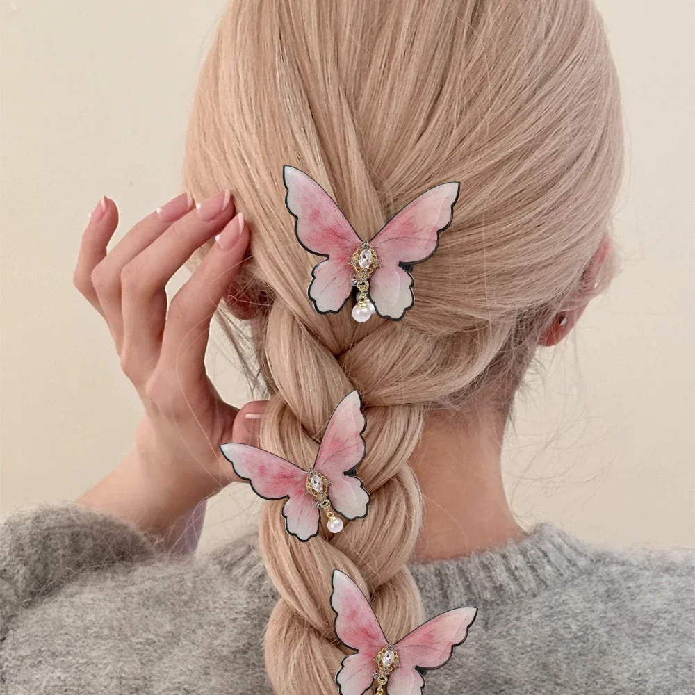 女の子のためのグラデーションパープルバタフライヘアピン、ヴィンテージイミテーションパールペンダント、アリゲータークリップ、甘いサイドダクビルクリップ、韓国エレガント