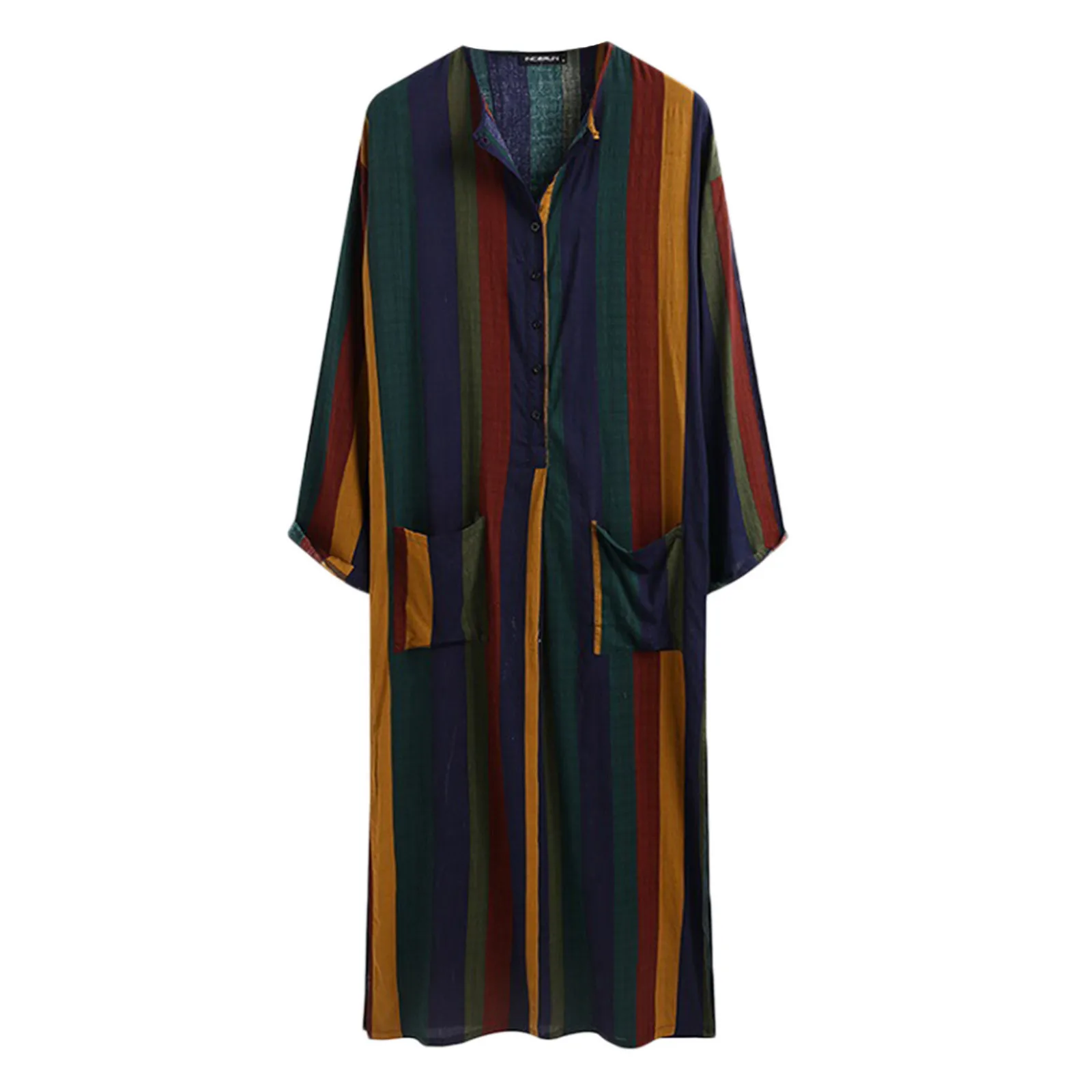 Men's Muslim Robes Striped Print Long Sleeve Cotton Pockets Robes Casual Vintage Islamic Arab Kaftan Men Dubai Kaftan 2024 New