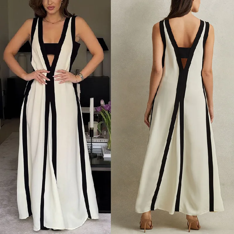 Contrast Color Fashionable Block Hollow Maxi Dress Reversible V-neck Sleeveless Loose Dress Sexy Elegant Office Ladies Robe