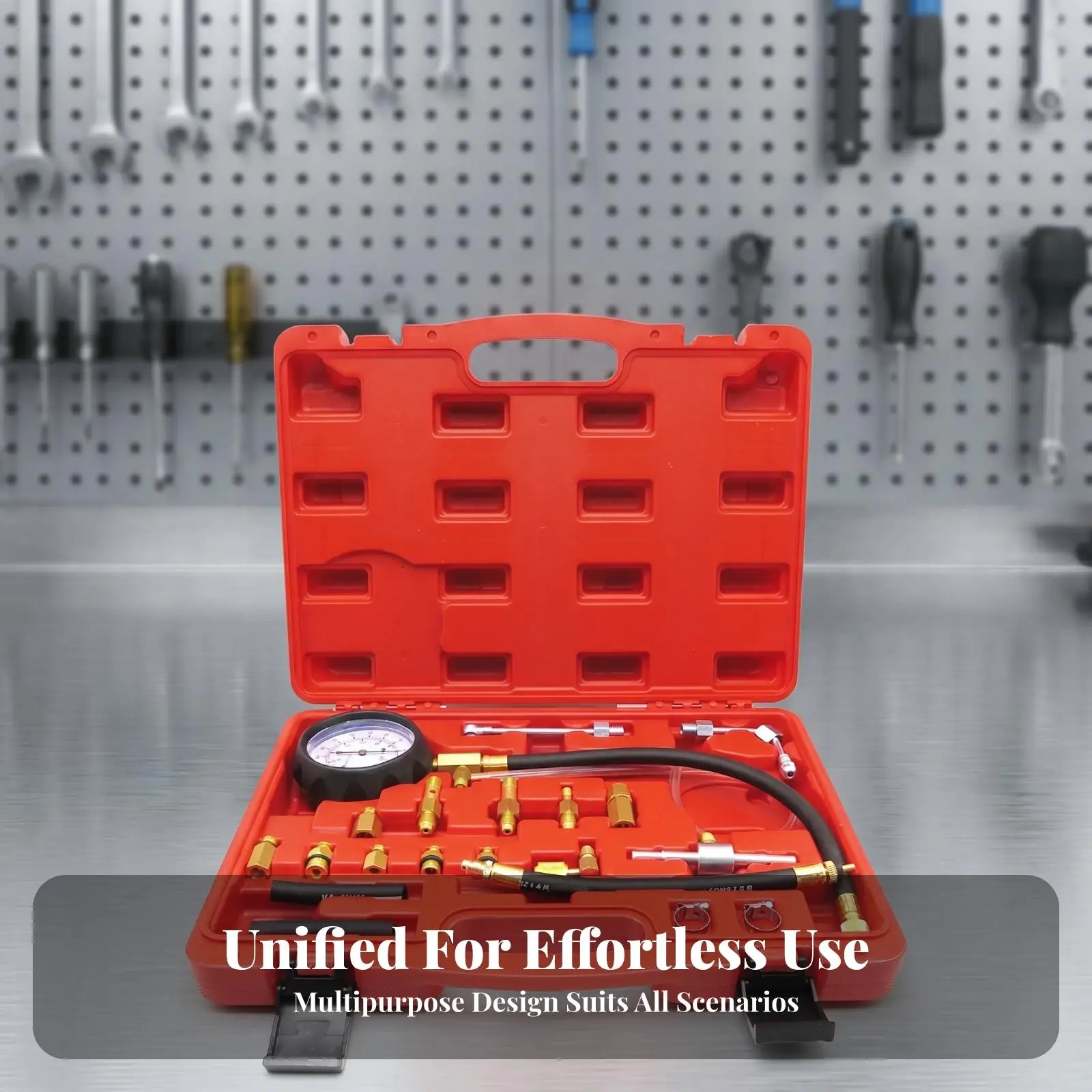 Analog Fuel Pressure Tester Kit for Vehicle Petrol Delivery Check with Hose and Fittings Storage