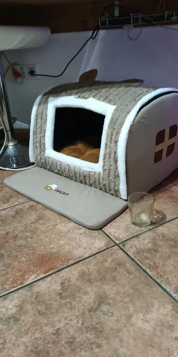Hundehütte für drinnen, weiches, gemütliches Haustier-Schlafbett mit Loch, abnehmbare warme Katzenhütte, rutschfeste Matte für Kätzchen, Welpen, Haustier-Winterbedarf – Detail 12