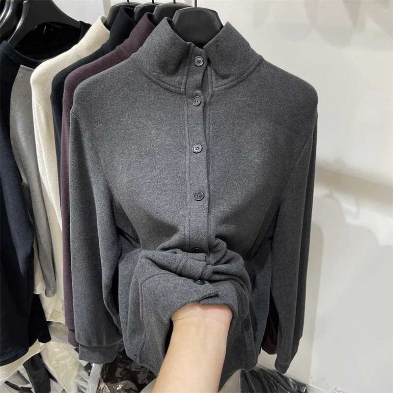 مزدوجة الوجهين أفخم البلوز المرأة الخريف الشتاء لينة الوقوف طوق واحدة الصدر فضفاضة سميكة سترة بأكمام طويلة