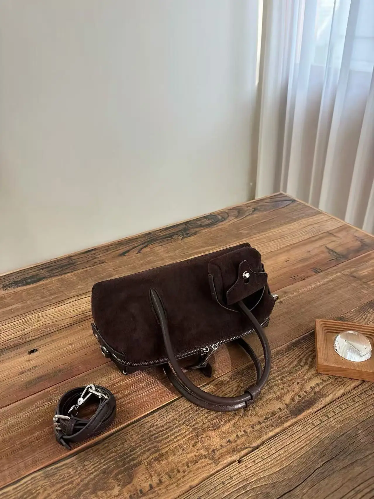 Women Split Suede Nubuck Cowhide Boston Handbag Vintage Daily Commuter Shoulder Crossbody Bag With Mini Coin Purse