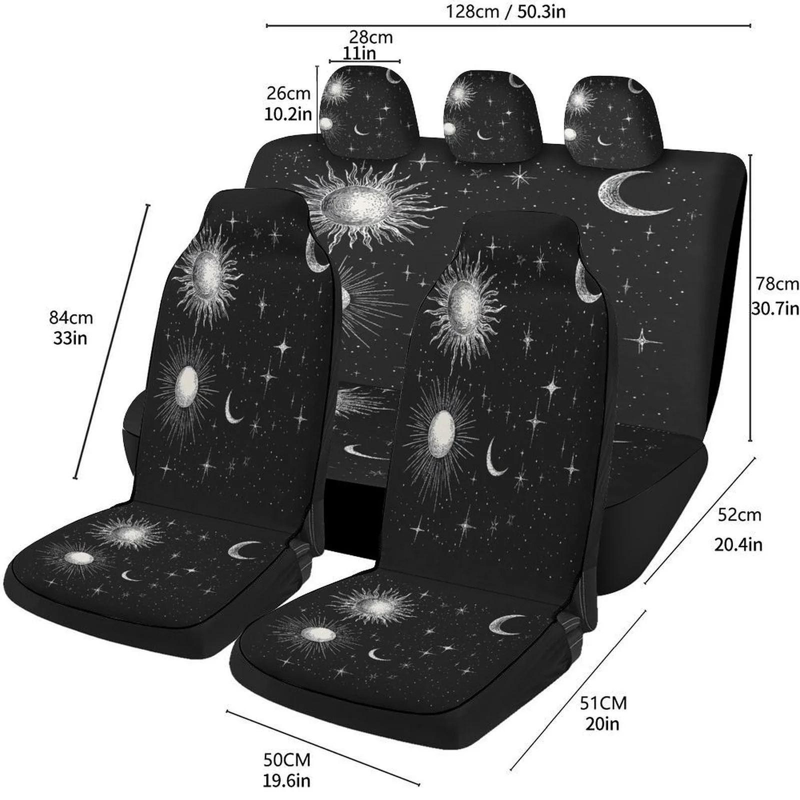 

Sun Moon Stars Designed Car Seat Cover Set For Most Cars, Fashion Novelty Car Seat Protector Covers Full Set, Universal Car Seat