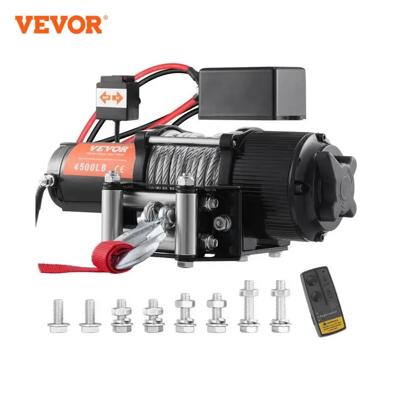 VEVOR Treuil Électrique 12 V 4500 lb 2041 kg​ avec Télécommande Sans Fil Treuil à Câble en Acier Étanchéité IP55 avec Contrôleur Filaire pour