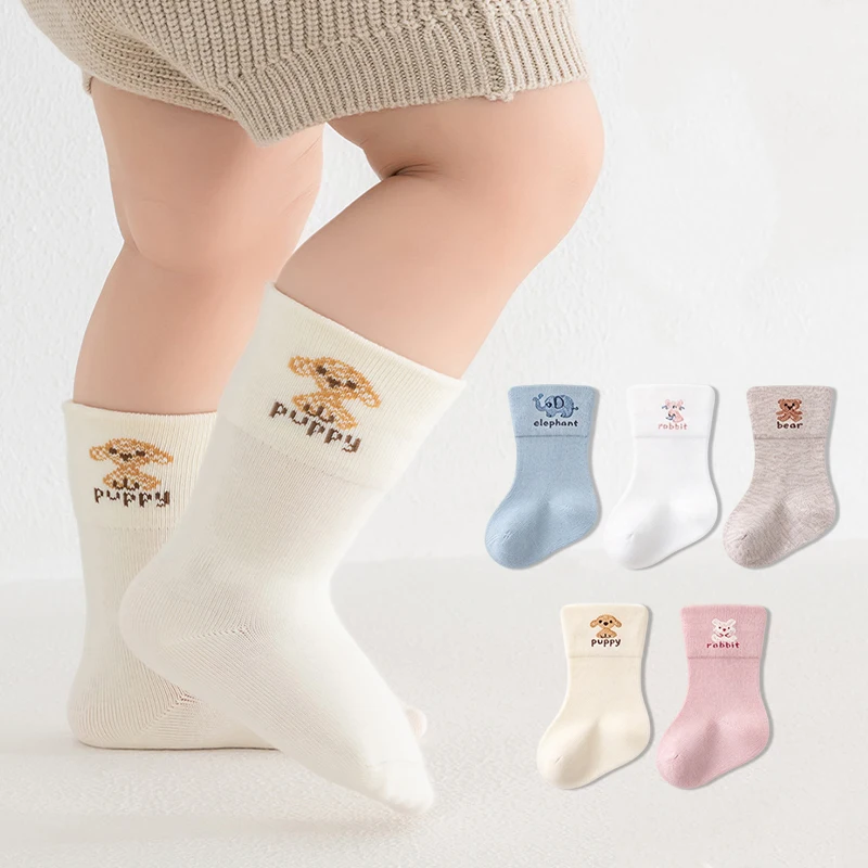 3/5 Pairs Infant Mid-Tube Socks Cartoon Embroidery Children Socks Elastic cuff Cotton Baby Socks for Boys Girls