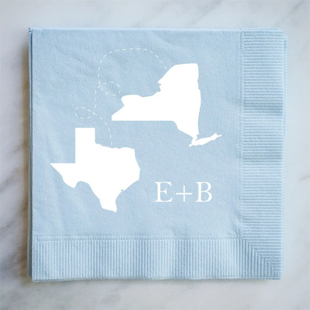 50pcs Two States Wedding Napkins, Custom Printed Napkins, Bar Napkins, Foil Printed State Napkins, Personalized Wedding Napkins