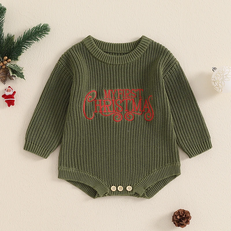 My First Christmas Baby Boys Girls Knit Bodysuits Kids Letter Embroidery Long Sleeve Sweater Romper Toddler Bubble Jumpsuits