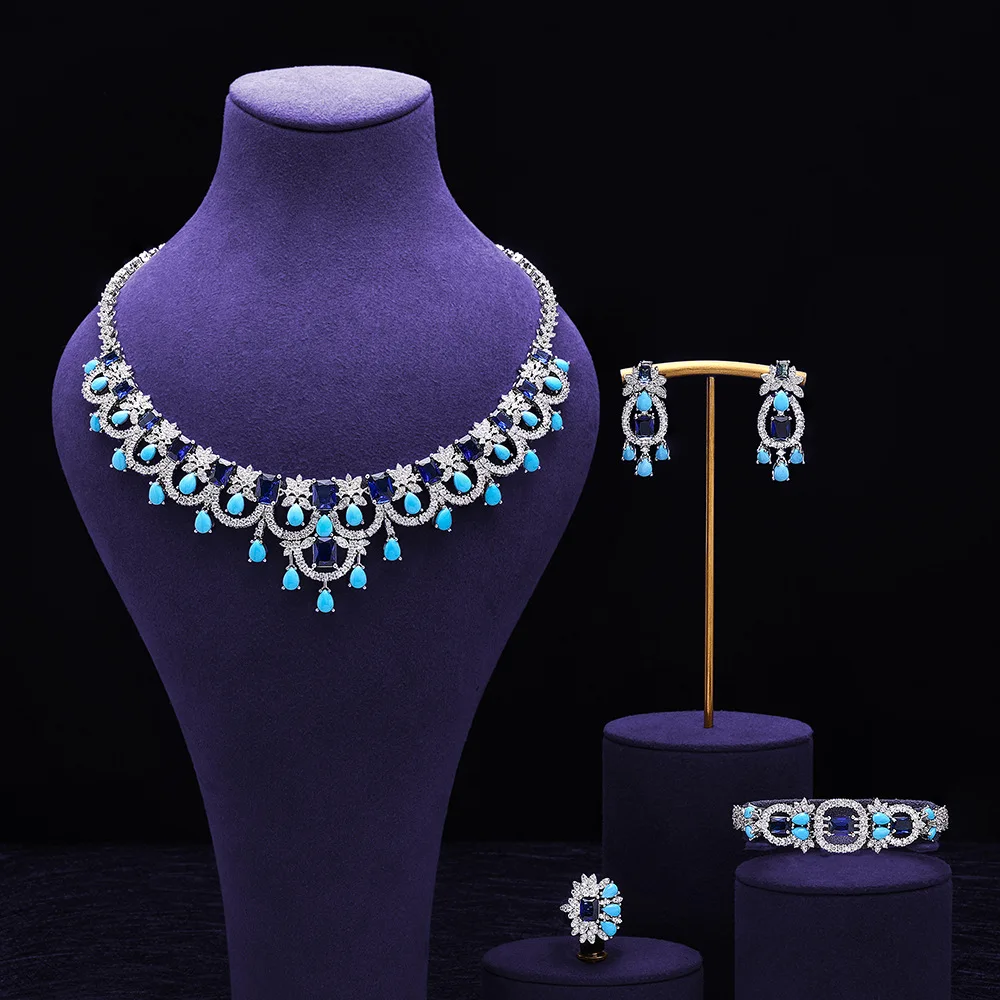 

Модное ожерелье, серьги с синим цирконом, высококачественное ювелирное ожерелье и серьги для женщин, высококачественный комплект из 4 предметов. Костюм Платье