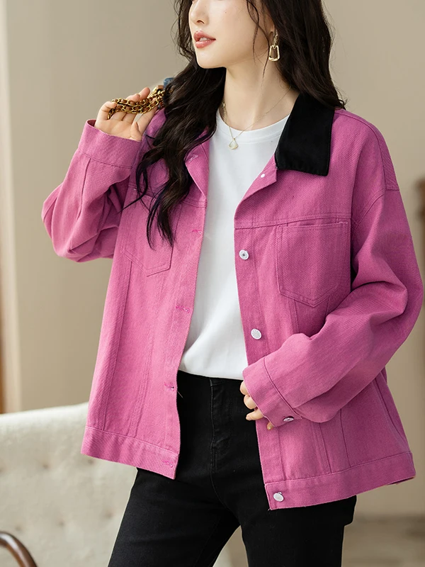 Women's Short Jacket Retro Contrast Color Collarless Polyester Fiber 2026 Autumn Season New Style Ladies Fashion Premium