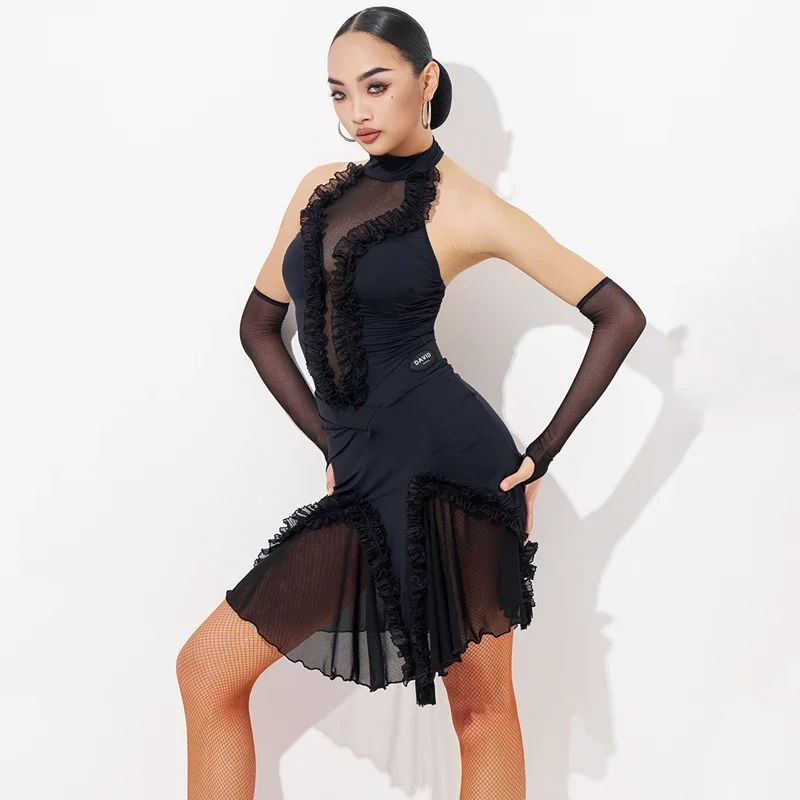 ชุดแข่งขันเต้นลาตินระดับไฮเอนด์สำหรับผู้หญิง เสื้อเปิดหลังเซ็กซี่ กระโปรงผ่าข้าง ชุดแสดงสำหรับผู้ใหญ่ ชุดเต้นลาติน