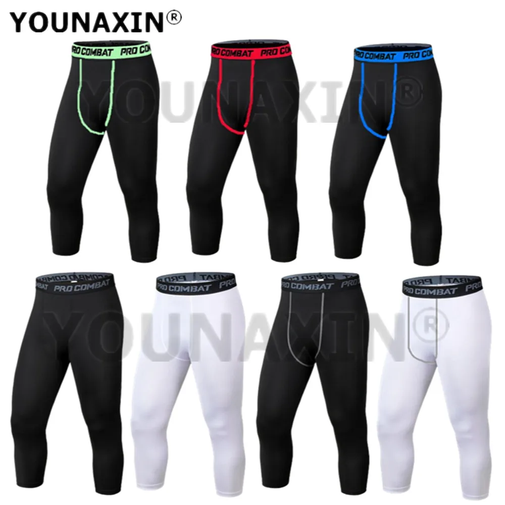 Men Yoga Base Layer Tight Training Bottoms Fitness Jogger Running Trousers Basketball Sports Skinny 3/4 Cropped Pants Quick Dry