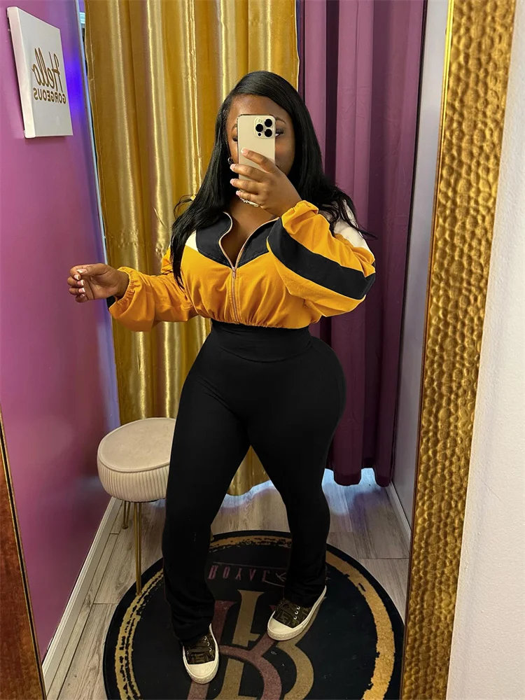 

Weird Puss, повседневный контрастный комплект из 2 предметов, женский спортивный костюм, укороченная куртка на молнии в стиле пэчворк + леггинсы с высокой талией, одинаковый уличный спортивный костюм