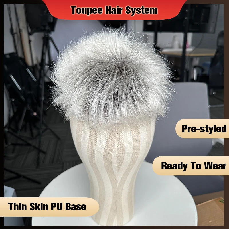 Human Hair Toupee For Men PreStyled Thin Skin PU Basement Hair Piece Hair Replacement Systems Men\'s Wigs Protesis Male Grey Har