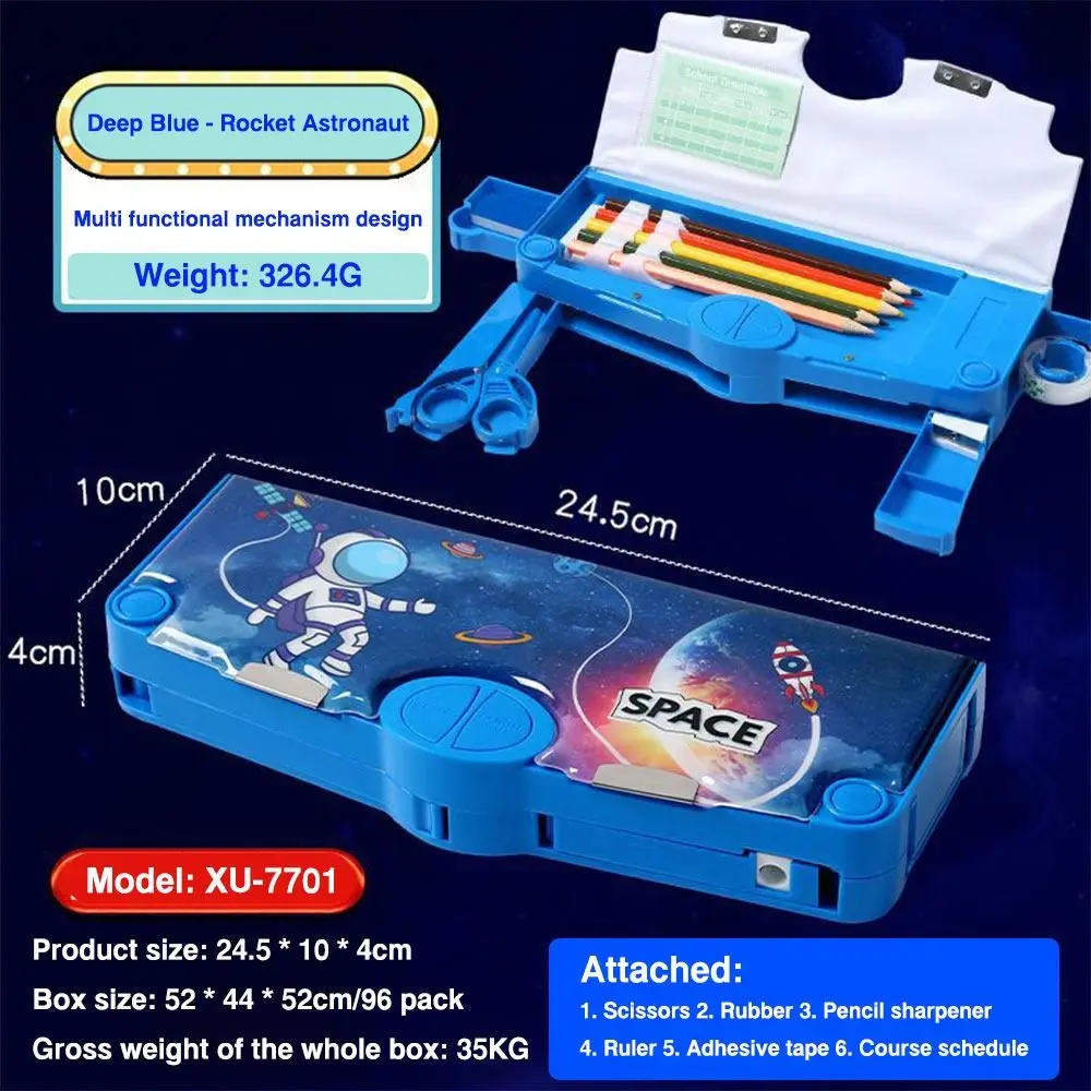 กล่องดินสอสองชั้นความจุขนาดใหญ่ ลายนักบินอวกาศ/สัตว์ พร้อมกบเหลาดินสอ กล่องเก็บเครื่องเขียนพลาสติก