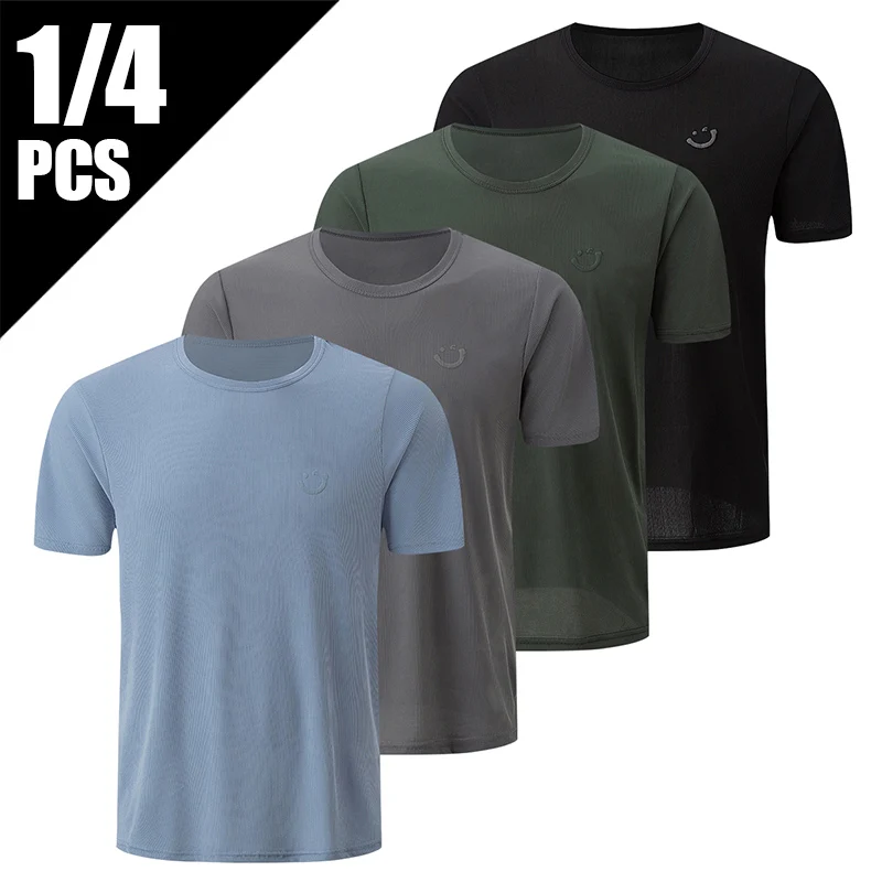 

4/1 Pcs Men's Summer Fine Pit Solid Color Ice Silk Short Sleeve Soft And Comfortable Men's Casual T-shirt Teenagers Loose Joker
