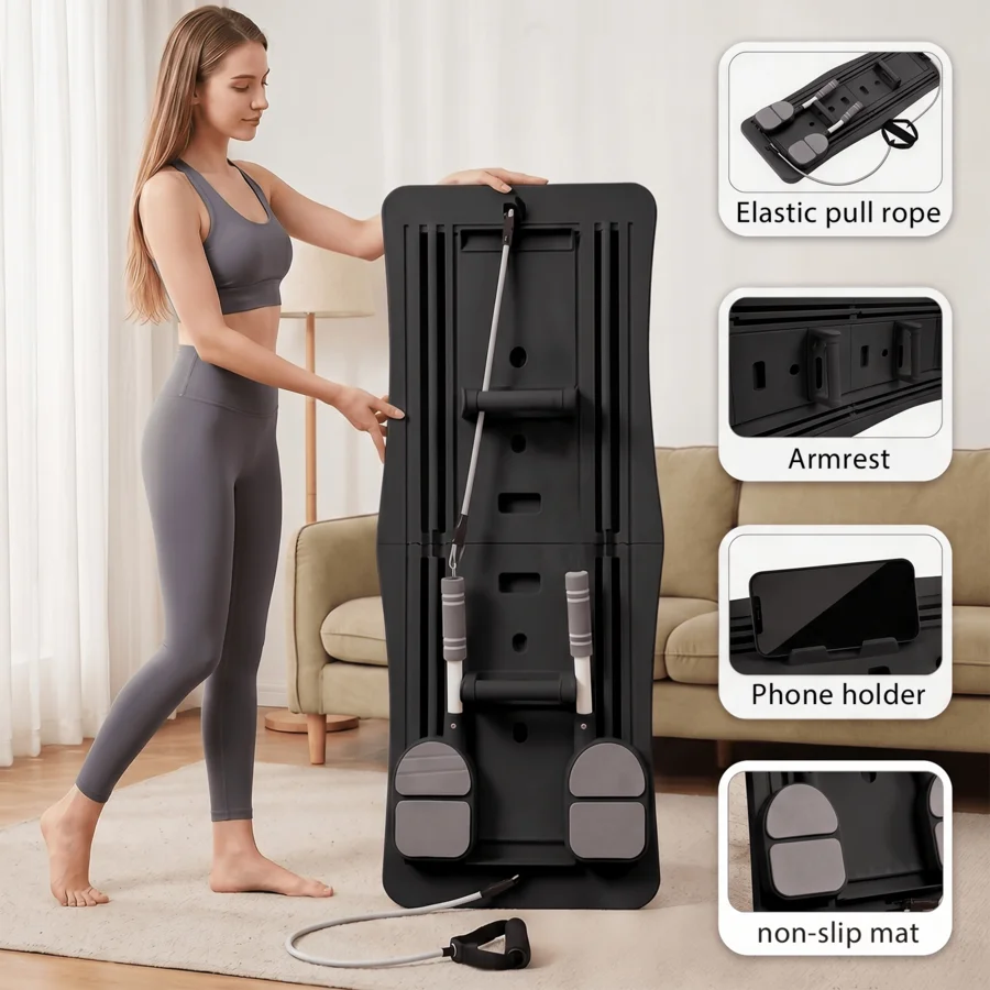 Pilates Board - Pilates Reformer Set, Multi-Purpose Foldable Pilates Reformer Board For Home, 4 In 1 Pilates Sliding Board(Black