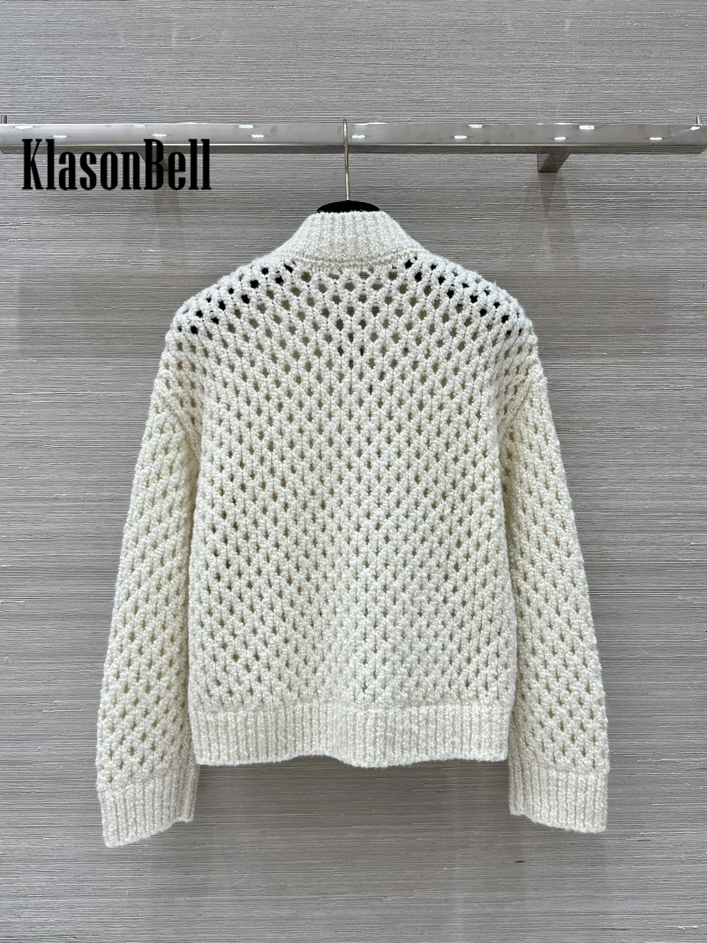 9.8 KlasonBell Women Elegant Bead Chain Crochet Hollow Out Zipper Cardigan Soft Comfortable Wool Knit Long Sleeve Casual Coat