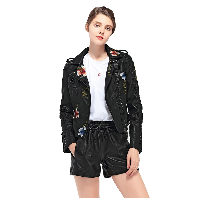 Fitaylor Women Faux PU Leather Jacket Lady High Street Motorcycle Leather Jacket Casual Floral Embroidery Rivet Coat