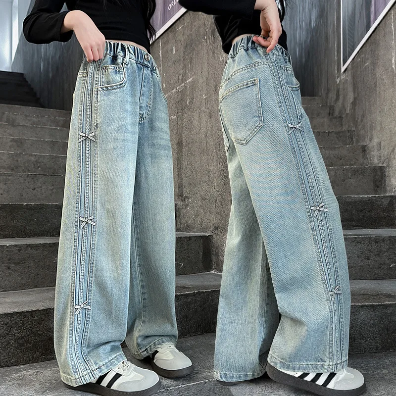 

Girls Casual Straight Cut Denim Pants Vintage Children Trousers New Design Spring Kids Jeans with Bow on The Side for Teenage