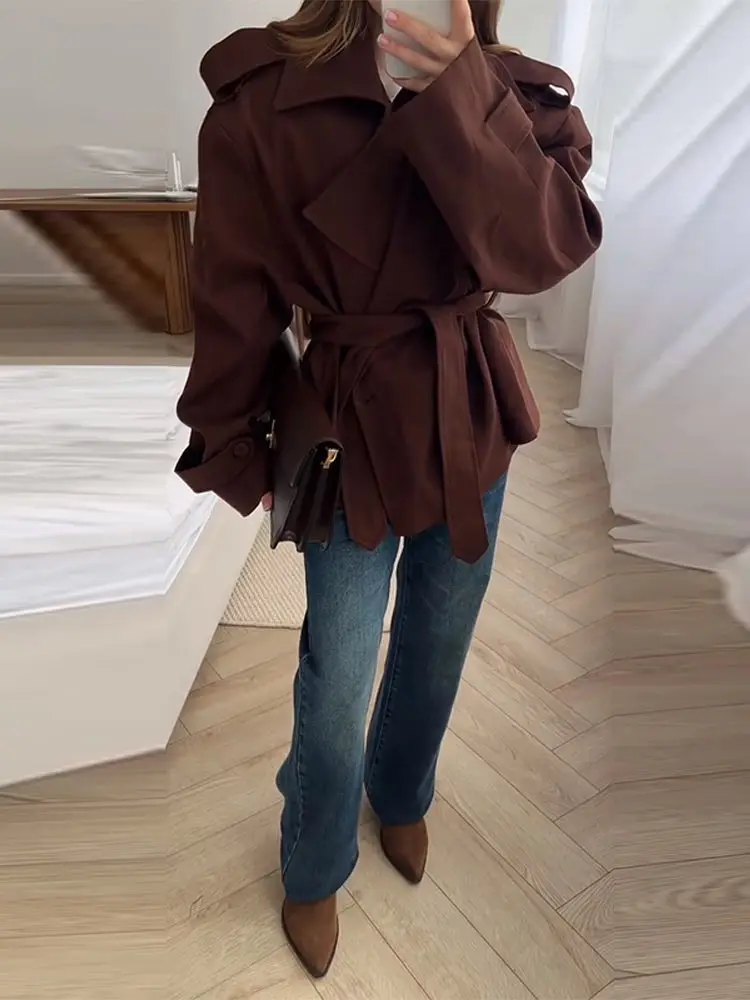 Fashion Lace Up Ruches Trenchcoat Vrouwen Solid Losse Revers Volledige Mouw Jassen Vrouwelijke Lente Herfst Dame Pendelen Jassen Nieuw