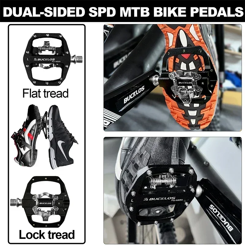 BUCKLOS PD-M680 Mountain Bike Pedals Sealed Bearing Dual Clipless Flat & Lock Pedal Aluminum Alloy 9/16
