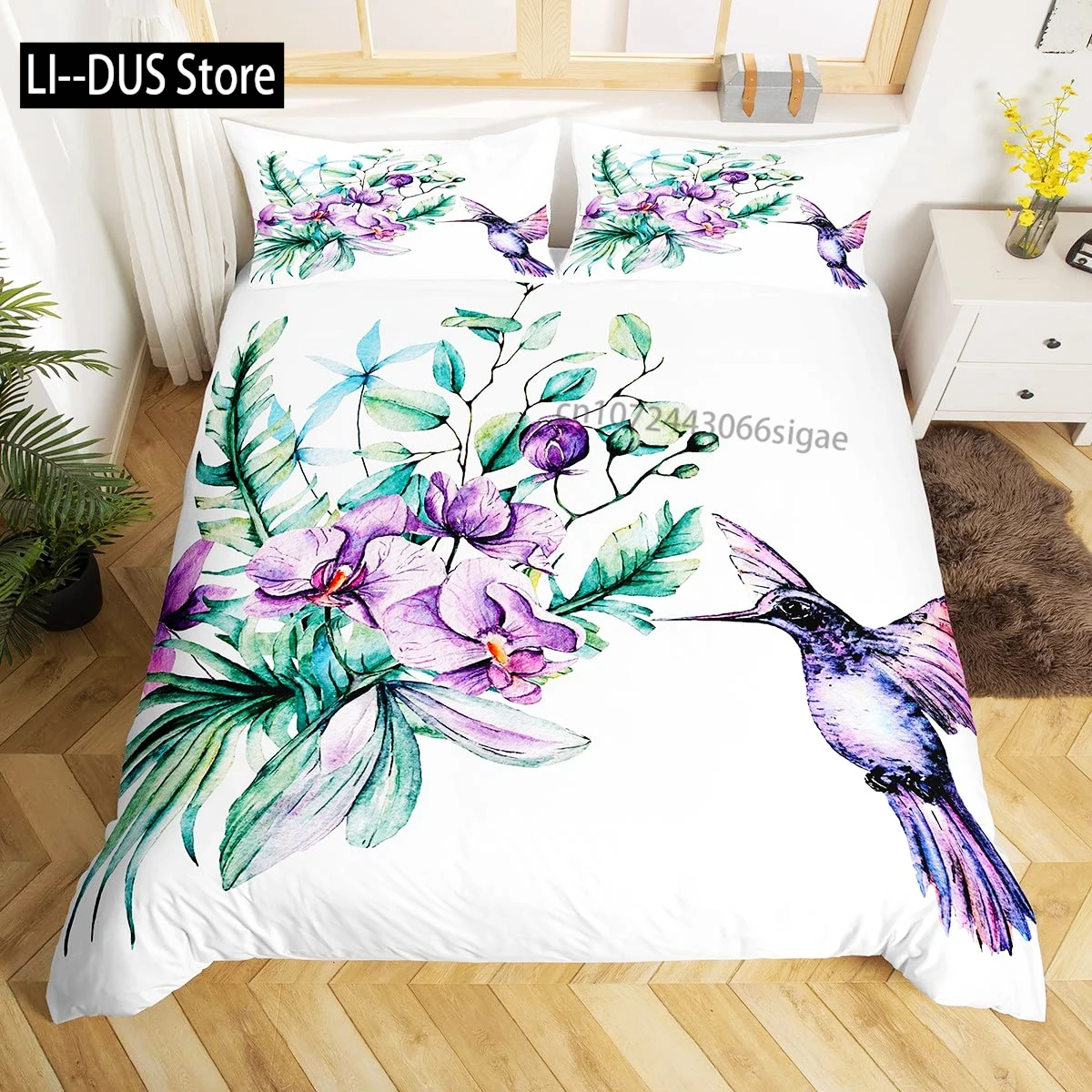 

Hummingbird Orchid Flowers Bouquet Print Bedding Set, Decorative Quilted 3 Piece Duvet Cover Set with 2 Pillow Shams, Full Size