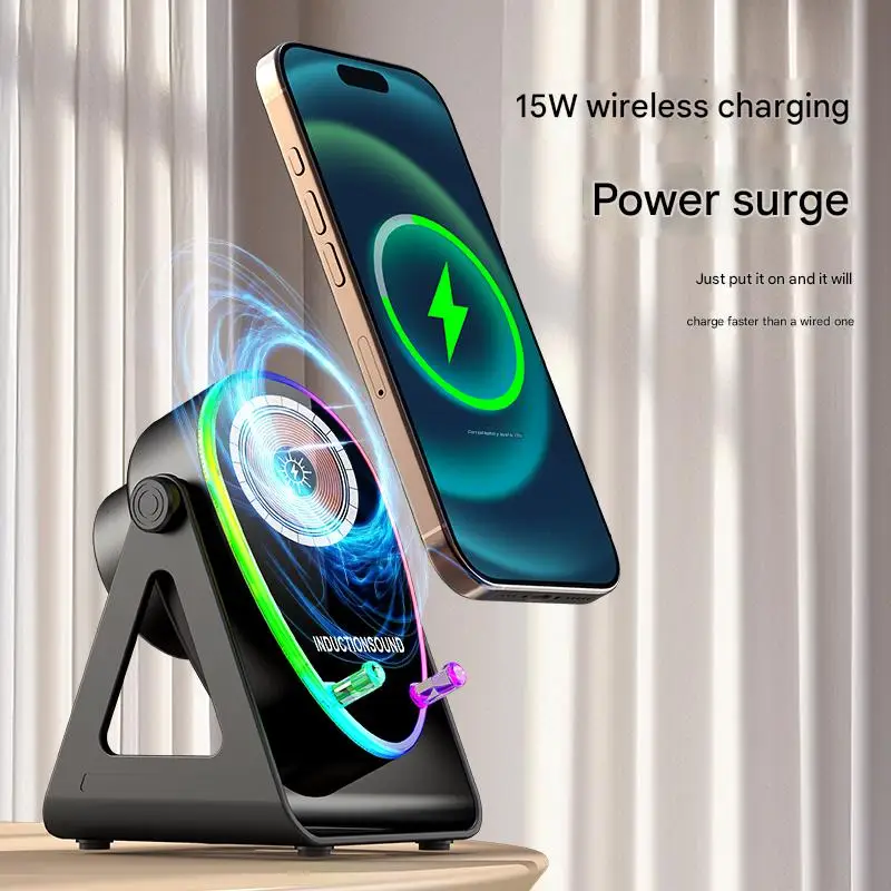 Support pour téléphone avec haut-parleur de chargement sans fil : charge rapide de 15 watts, Bluetooth 5.3, lumière ambiante adaptée à tous les téléphones