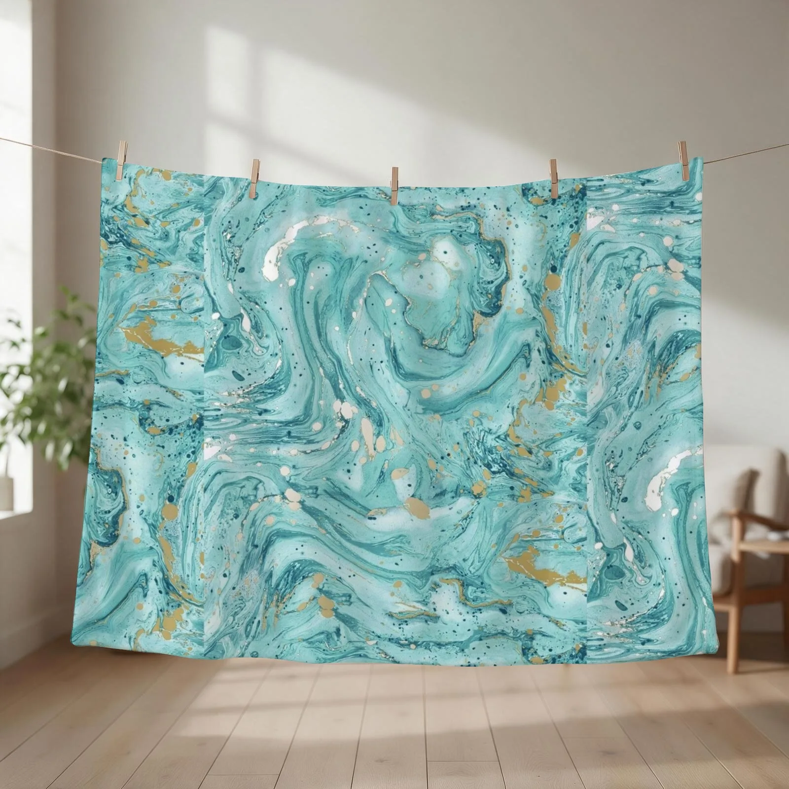 Marble Design - Gold Effect - Turquoise Blue, Teal Marbling Throw Blanket couch cozy soft plush fuzzy picnic outdoor blanket
