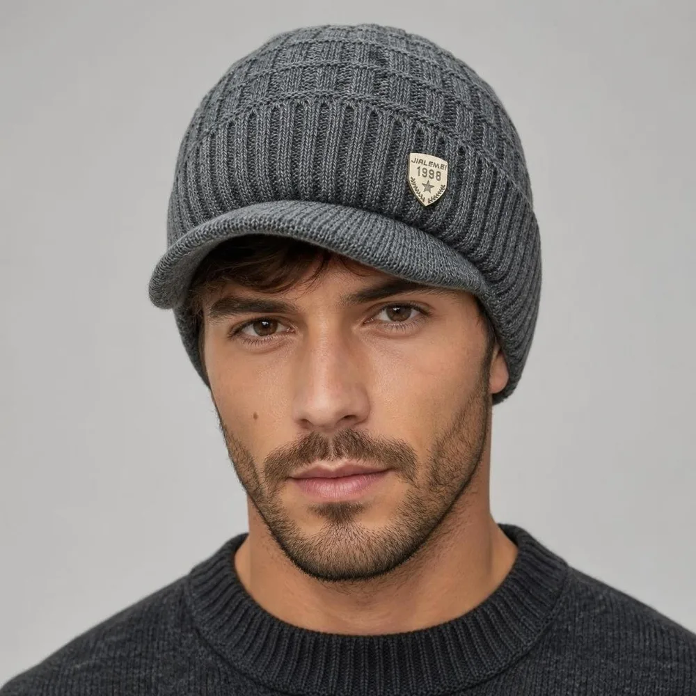 Comfortable Thickened Men's Winter Hats Keep Warm Elastic Knitted Hats Lined Solid Color Winter Warm Cap Winter