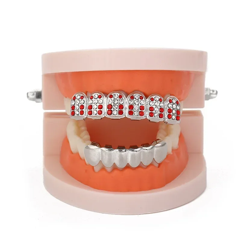 

Iced Out Pink Cubic Zirconia Teeth Grillz For Men Micro Pave Top&Bottom Teeth Grillz Caps Bling Dental Grills Jewelry Hiphop