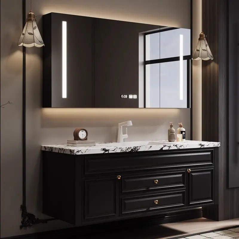 American light luxury rock slab seamless integrated basin bathroom cabinet combination oak sink solid wood paint washing table c